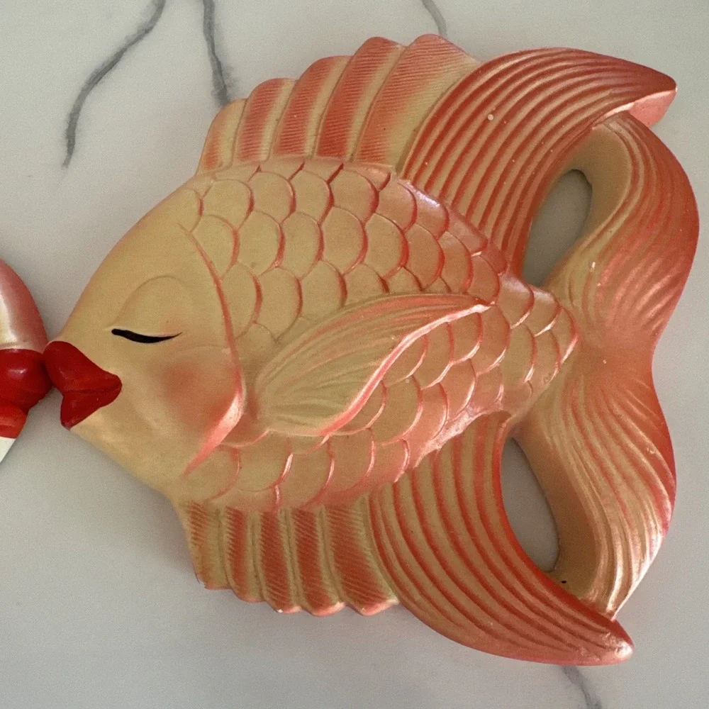 Vintage Miller Studio 1970's Orange Kissing Fish Chalkware Wall Plaques Set Of 2